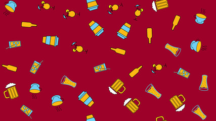 Texture seamless pattern from a set of raivy good tasty refreshing alcoholic drinks cocktails whiskey beer coffee tea with ice on a red background. Vector illustration