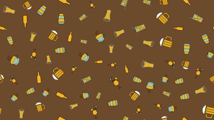 Texture seamless pattern from a set of raivy good tasty refreshing alcoholic drinks cocktails whiskey beer coffee tea with ice on a brown background. Vector illustration