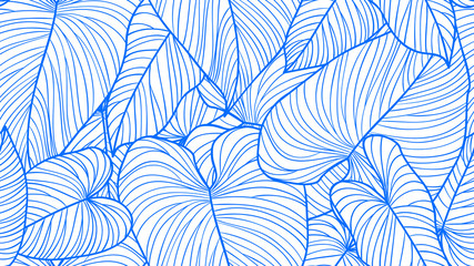Foliage seamless pattern, Philodendron gloriosum leaves line art ink drawing in blue and white