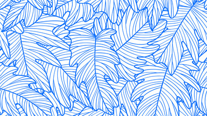 Foliage seamless pattern, Philodendron bipinnatifidum leaves line art ink drawing in blue and white © momosama