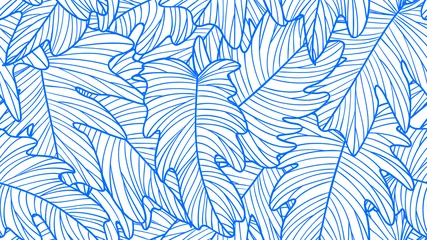Selbstklebende Fototapeten Foliage seamless pattern, Philodendron bipinnatifidum leaves line art ink drawing in blue and white © momosama