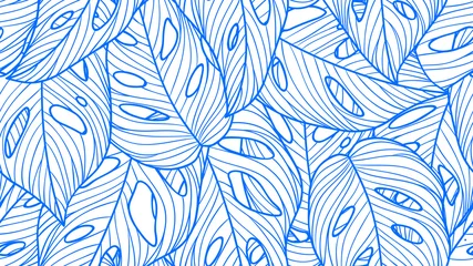 Wandaufkleber Foliage seamless pattern, Monstera deliciosa leaves line art ink drawing in blue and white © momosama