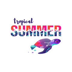 Vector image of turtle. A vivid abstract. Lettering the phrase "tropical summer"