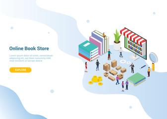 isometric 3d online book store concept with digital library books for website template landing homepage banner - vector