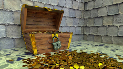 a mysterious treasure chest in a treasure chamber (3d rendering)