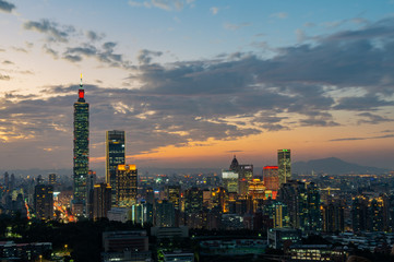 Night aerial view of the Taipei 101 and cityscape from Xiangshan