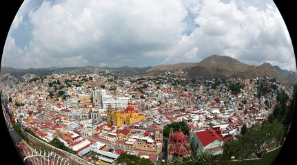 Panoramic fish-eye view of the Guanajuato City historic center, Guanajuato, Mexico.