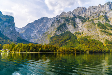 Naklejka na ściany i meble Koenigssee lake with Alp mountains, Konigsee, Berchtesgaden National Park, Bavaria, Germany