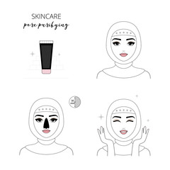 Woman take care about face. Steps how to apply pore purifying. Vector isolated illustrations set. 