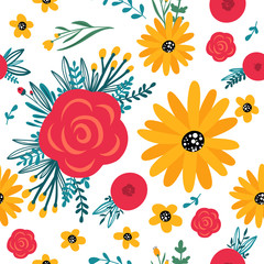 Trendy roses and leaves seamless pattern for your design. Sketch for wrapping paper, floral textile, background fill, fabric.