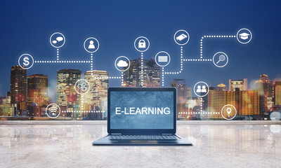 E-learning, online education technology. E-learning on computer laptop with application programming...