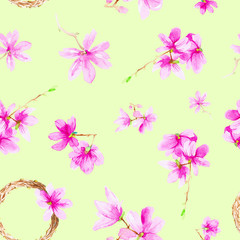 Set of plum flowers,twigs and wreath. Watercolor illustration isolated on green background.Seamless pattern