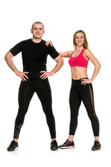 Fototapeta na wymiar Full photo of fit healthy people in sporty outfit