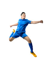 Portrait of asian football player man in blue jersey with kicking the ball position
