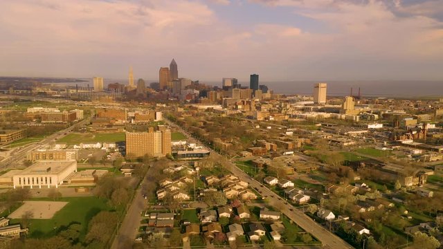 Aerial View Cleveland Downtown Skyline Storm Approaching