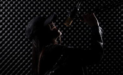 Asian Teenager Adult Woman black hair cap pony tail sing song loudly with power sound over hanging...