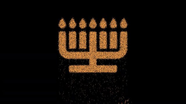 Symbol menorah appears from crumbling sand. Then crumbles down. Alpha channel Premultiplied - Matted with color black