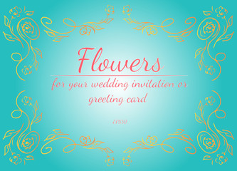 Wreath of roses or peonies flowers with light sea green, golden and living coral colors. Floral frame design elements for your wedding invitation and greeting card. Hand drawn. Line art. Sketch