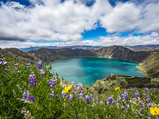 Beautiful panoramic scenery overlooking at Quilotoa lake at the crater rim in Quilotoa, Ecuador