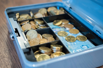 Cash box with coins and notes to keep Petty Cash secure