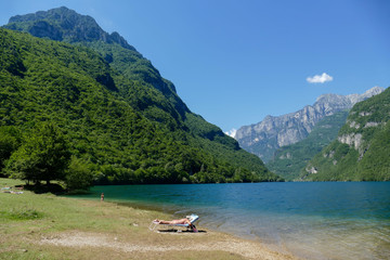View of Molveno lake in Dolomites Italy