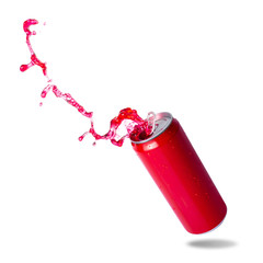 Red soda splashing out of a red canned isolated on white background
