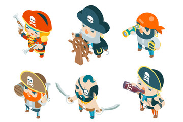 Isometric pirate ship crew corsair buccaneer filibuster sea dog sailors fantasy RPG treasure game characters flat design vector illustration