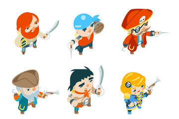Pirate ship crew corsair buccaneer filibuster sea dog sailors fantasy RPG treasure game isometric characters flat design vector illustration