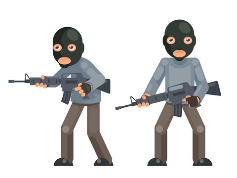 Weapon gun armed terrorist soldier threat evil greedily character flat design isolated vector illustration