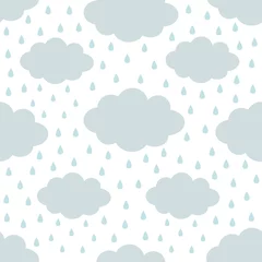 Fototapete Rund Seamless Pattern. Cloud in the sky. Rain drop. Cute cartoon kawaii funny baby kids decor. Wrapping paper, textile template. Nursery decoration. White background. Flat design. © worldofvector
