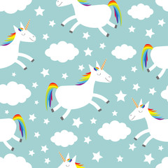 Unicorn jumping. Cloud star in the sky. Seamless Pattern. Cute cartoon kawaii funny smiling baby character. Wrapping paper, textile template. Nursery decoration Blue background Flat design