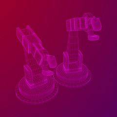 Robotic arm manufacture technology industry assembly mechanic hand wireframe low poly mesh vector illustration