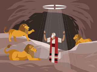 daniel in the lions den pit saved by god old testament tale - obrazy, fototapety, plakaty