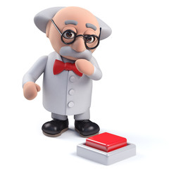 3d Scientist character contemplating pushing a red button - 266248456
