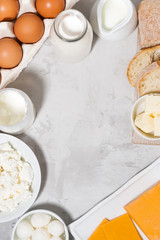 fresh farm dairy products and bread, vertical top view