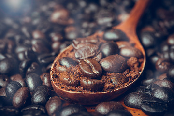 Closeup Roasted coffee beans in the wooden spoon