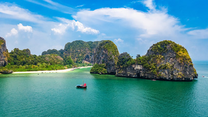 Railay beach in Thailand, Krabi province, aerial view of tropical Railay and Pranang beaches and coastline of Andaman sea from above
