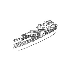 house with fence at countryside in europe area vector illustration sketch doodle hand drawn with black lines isolated on white background