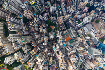 Drone fly over Hong Kong cityscape