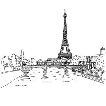 eiffel tower in paris with lamdscape vector illustration sketch doodle hand drawn with black lines isolated on white background