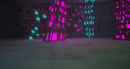 Abstract  Concrete Futuristic Sci-Fi interior With Colored Glowing Neon Tubes . 3D illustration and rendering.