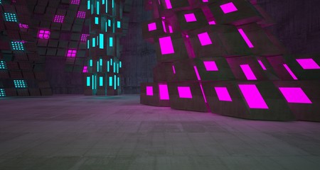 Abstract  Concrete Futuristic Sci-Fi interior With Colored Glowing Neon Tubes . 3D illustration and rendering.