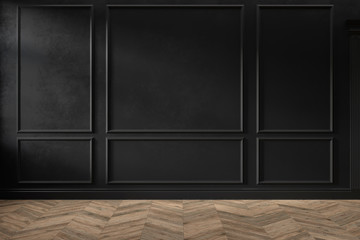 Modern classic black color empty interior with wall panels, mouldings and wooden floor. 3d render illustration mock up.