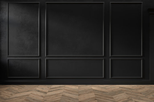 Modern classic black color empty interior with wall panels, mouldings and wooden floor. 3d render illustration mock up.