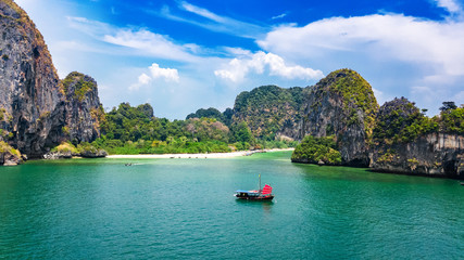 Fototapeta na wymiar Railay beach in Thailand, Krabi province, aerial view of tropical Railay and Pranang beaches and coastline of Andaman sea from above