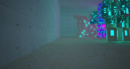 Naklejka premium Abstract Concrete and Glass Futuristic Sci-Fi interior With Pink And Blue Glowing Neon Tubes . 3D illustration and rendering.