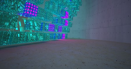 Abstract  Concrete and Glass Futuristic Sci-Fi interior With Pink And Blue Glowing Neon Tubes . 3D illustration and rendering.
