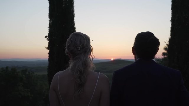 A young and beautiful wedding couple watching the sunset together between famous cypress trees. Wedding day in Toscana, Italy. Anonymous, man and bride are not recognizable.