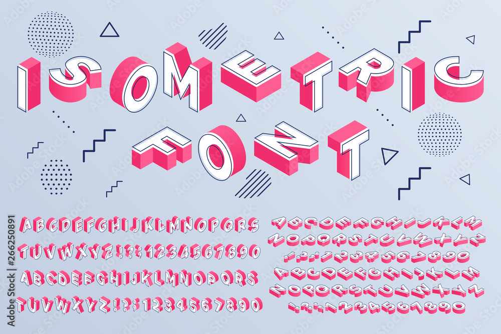 Fototapete isometric font. geometric alphabet 3d letters cubic blocks and perspective numbers sign vector set