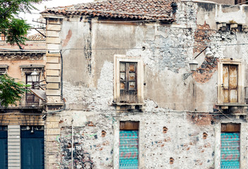 Sicily, beautiful cityscape of Italy, historical street of Catania, facade of old buildings .